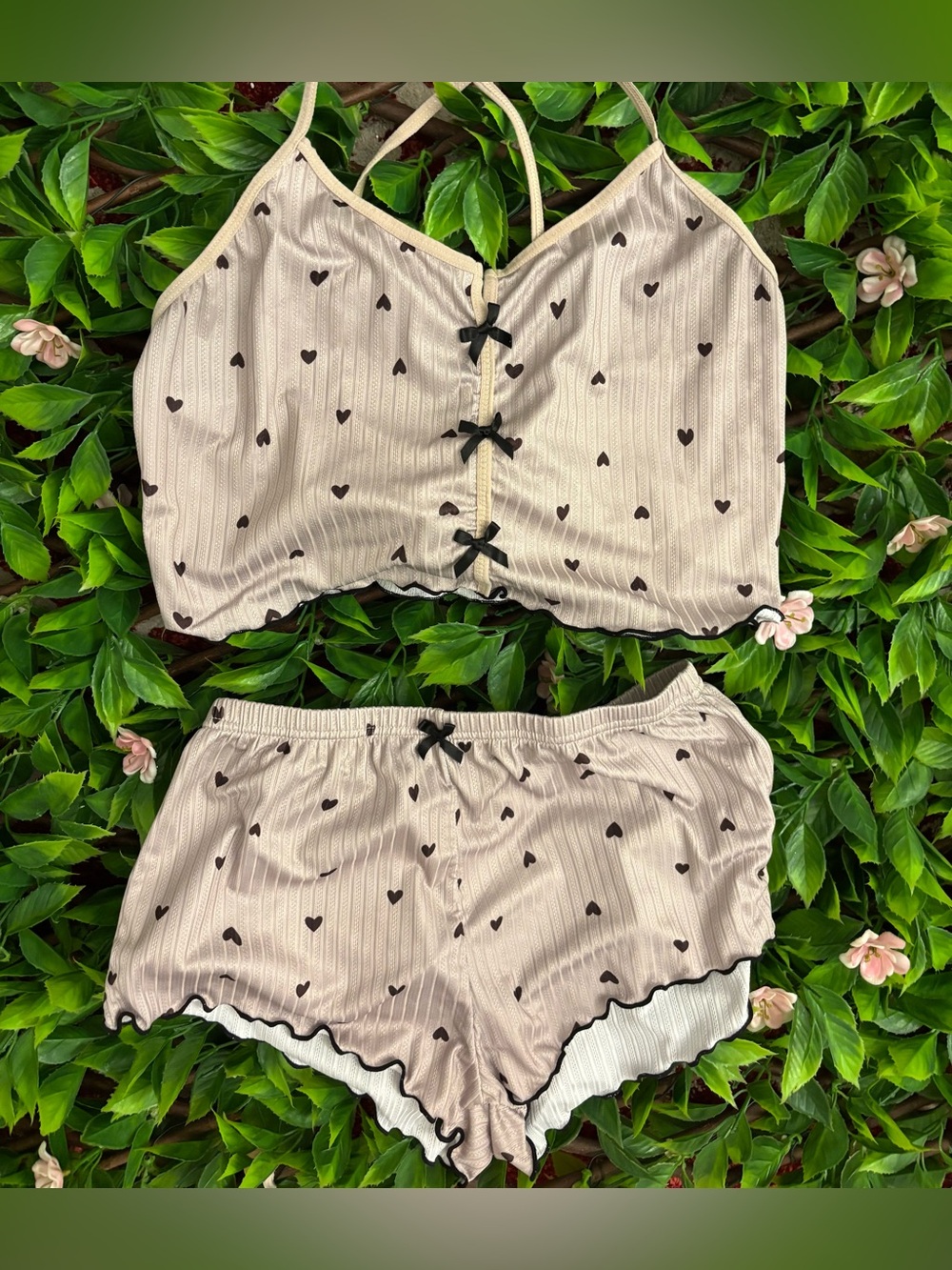 Heart Print Cream Cami & Shorts Sleep Set
